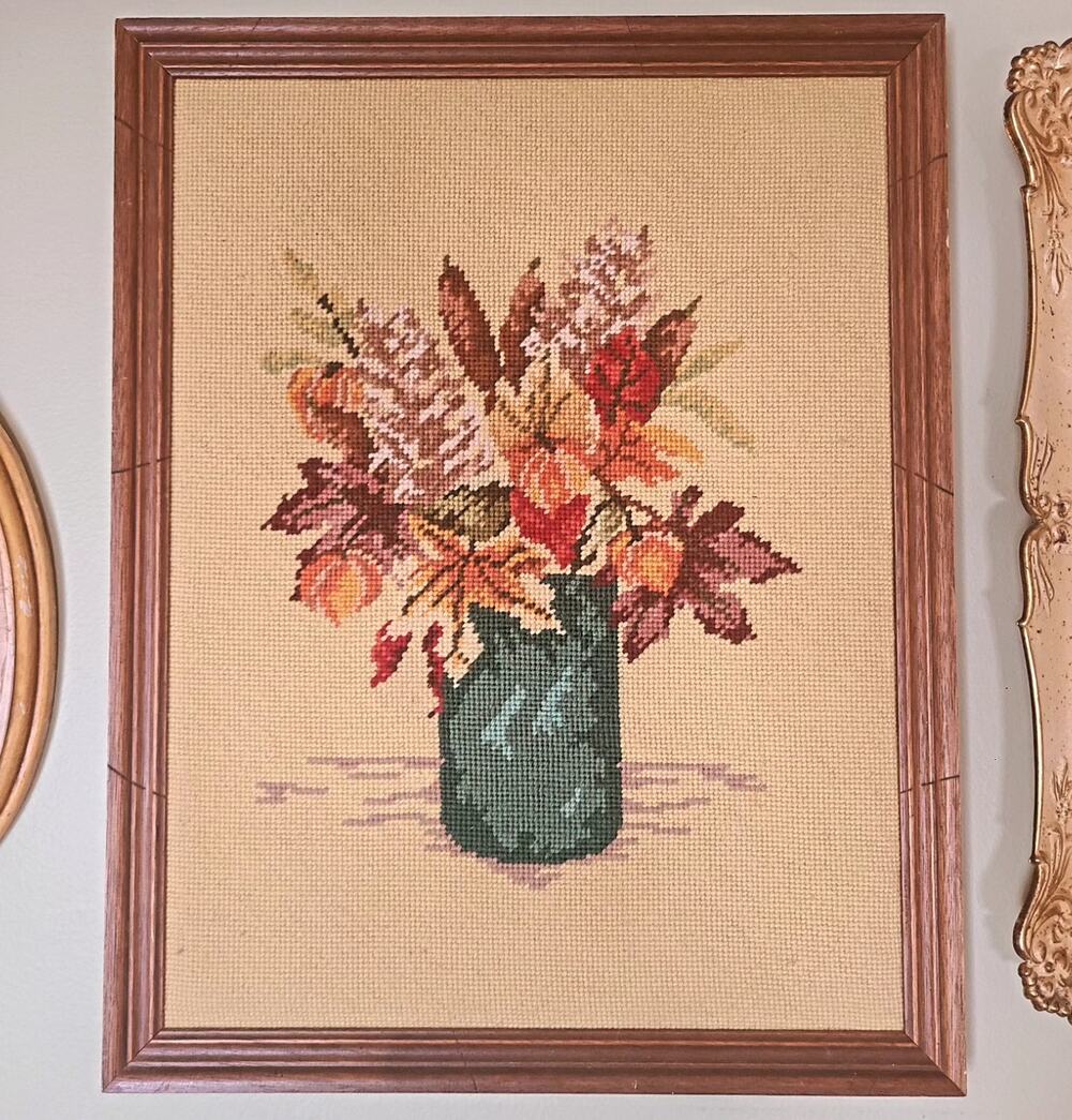 Vintage Framed Needlepoint Floral Art 16x20 Teal Vase Autumn Bouquet Wall Decor